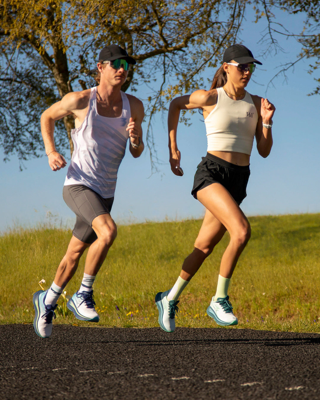 man and woman running in 361 meraki 7 neutral running shoes