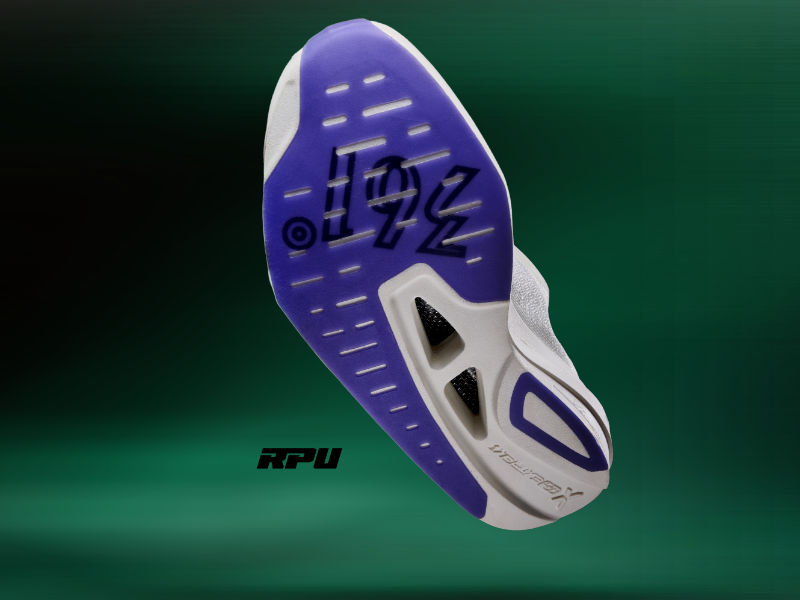 Bottom view of the MIRO nude 2 outsole featuring the purple and white Robust-PU (RPU) traction pattern with weight-saving hollowed-out sections.