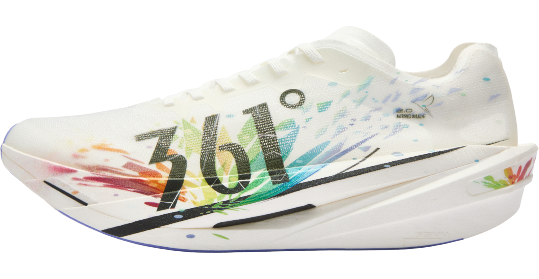 Side profile of the MIRO Nude 2 running shoe showing the high-stack CQTEXTREM3 foam midsole and the sleek, aerodynamic white upper with colorful graphic accents.