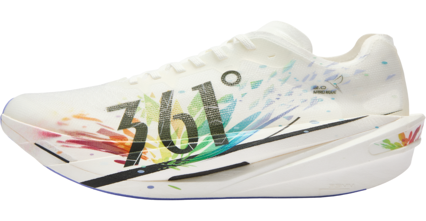 Side profile of the MIRO Nude 2 running shoe showing the high-stack CQTEXTREM3 foam midsole and the sleek, aerodynamic white upper with colorful graphic accents.