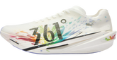 Side profile of the MIRO Nude 2 running shoe showing the high-stack CQTEXTREM3 foam midsole and the sleek, aerodynamic white upper with colorful graphic accents.
