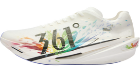 Side profile of the MIRO Nude 2 running shoe showing the high-stack CQTEXTREM3 foam midsole and the sleek, aerodynamic white upper with colorful graphic accents.