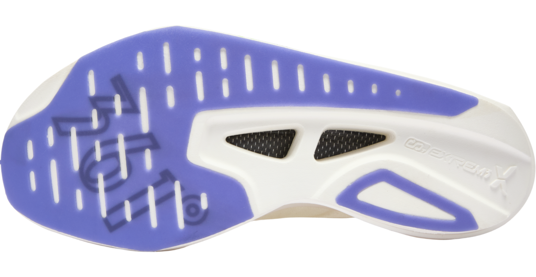 Bottom view of the MIRO Nude 2 outsole featuring the purple and white Robust-PU (RPU) traction pattern with weight-saving hollowed-out sections