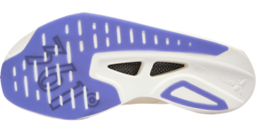 Bottom view of the MIRO Nude 2 outsole featuring the purple and white Robust-PU (RPU) traction pattern with weight-saving hollowed-out sections