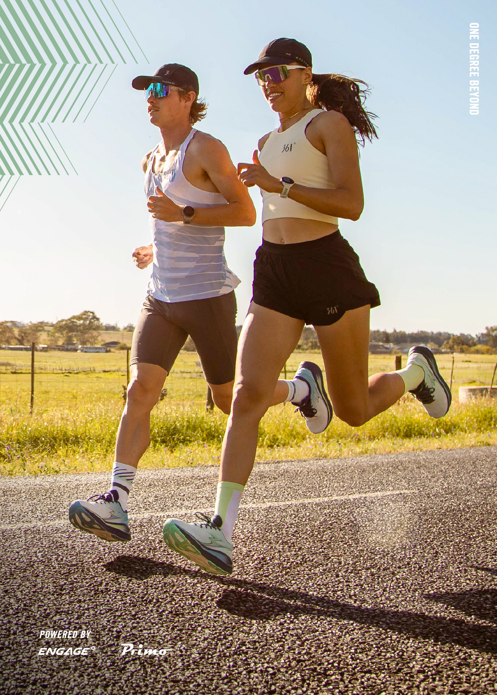 man and woman running in 361 meraki 7 neutral running shoes with text in the image "one degree beyond"
