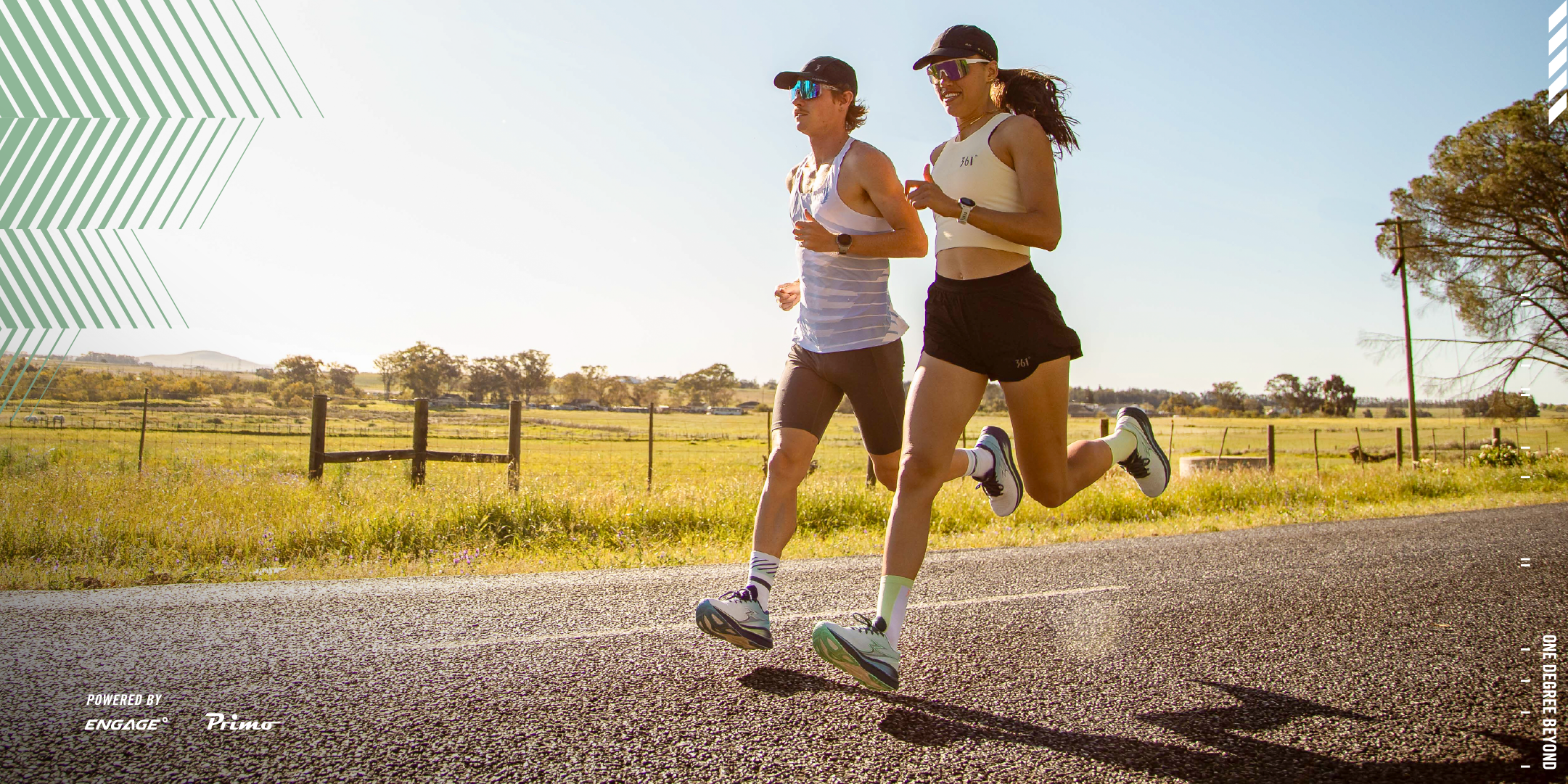 man and woman running in 361 meraki 7 neutral running shoes with text in the image "one degree beyond"